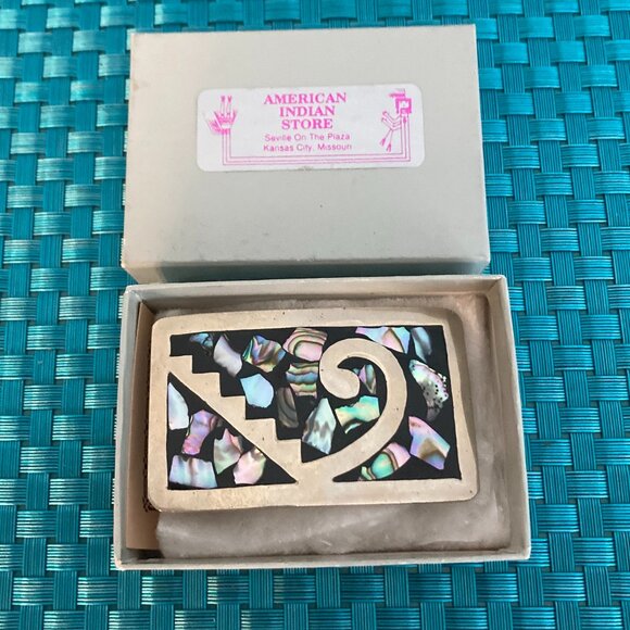 Vintage Silver Tone Abalone Stone Inlay Belt Buckle Mexico - Picture 5 of 9